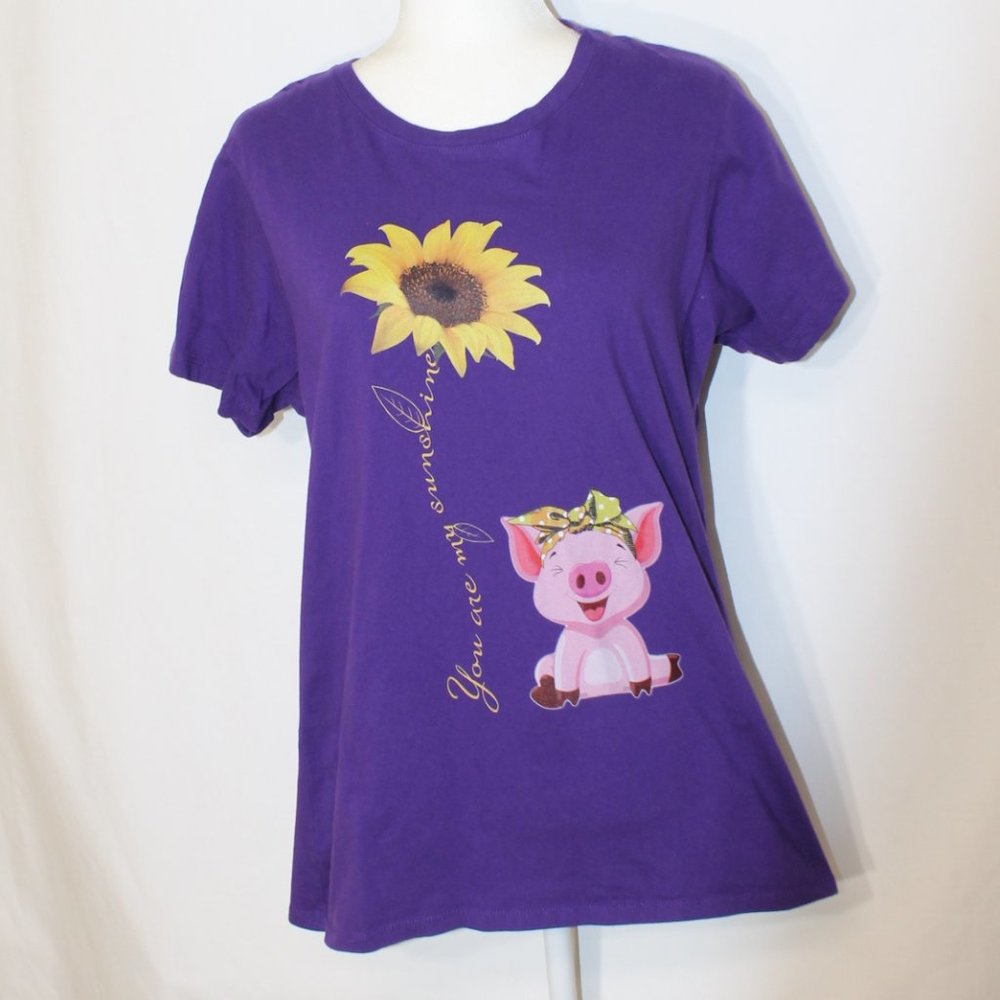 "You are my Sunshine" Purple T-Shirt Sunflower Cute Pig Print Size XL S/S Crew